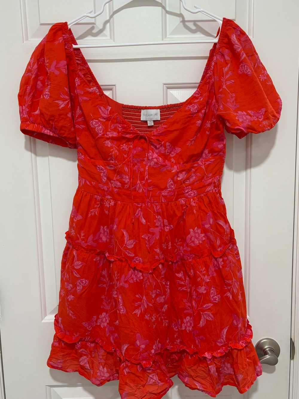 Sugarlips Fia Floral Muna Tiered Mini Dress medium pink red pockets